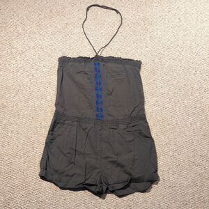 American Eagle Romper Shorts Medium Gray Boho Embroidered Halter Pockets